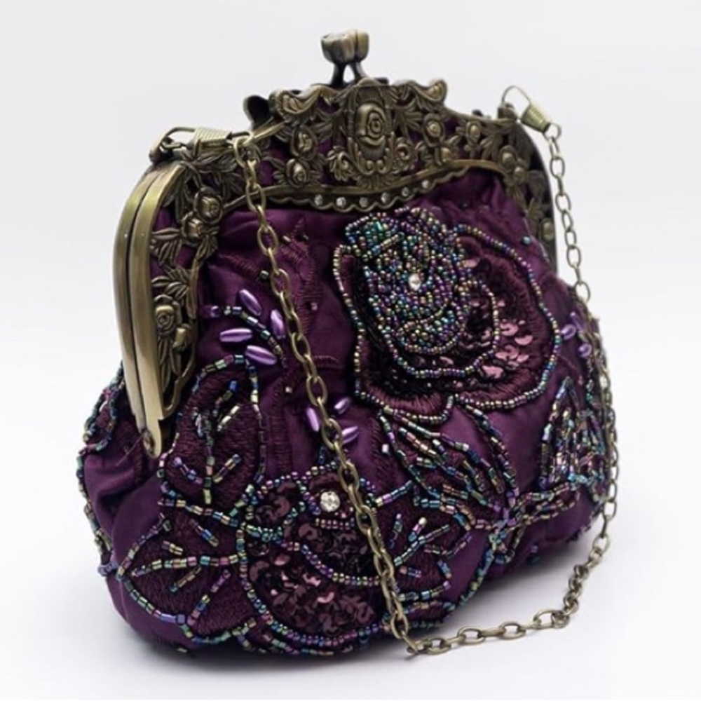 NWOT Vintage 1920s Beaded Sequin Rhinestone Handbag/Clutch in Plum